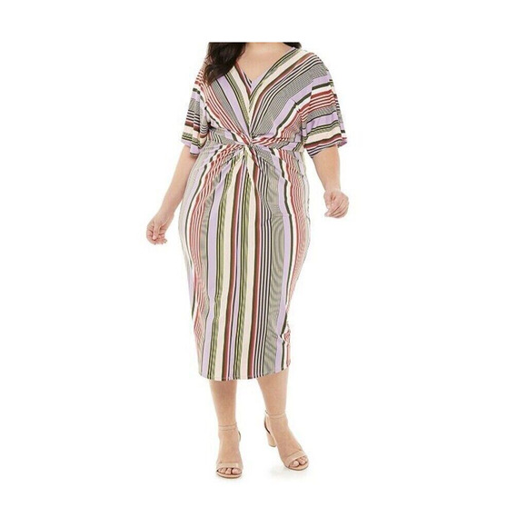 EVRI Striped Gathered-Front Midi Dress 1X V neck career travel party - Picture 1 of 9